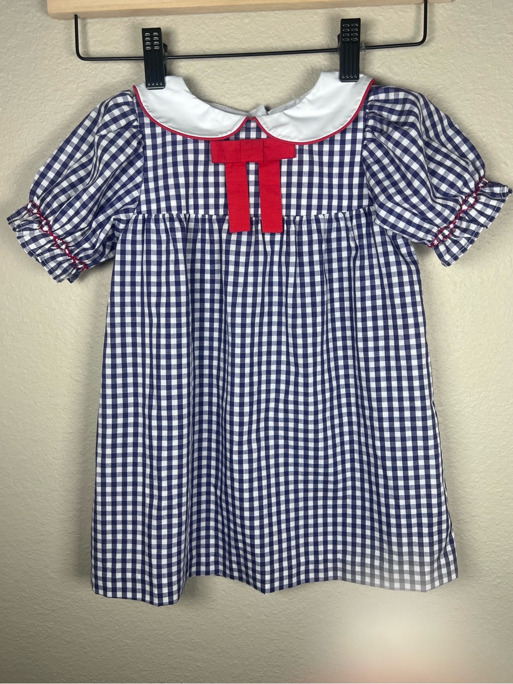 The Beaufort Bonnet Company Blue Gingham Dress Red Bow Peter Pan Collar EUC 2T